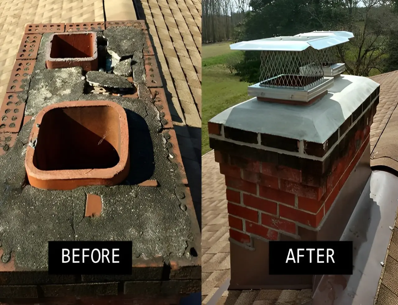 A before and after picture of the roof of a chimney.